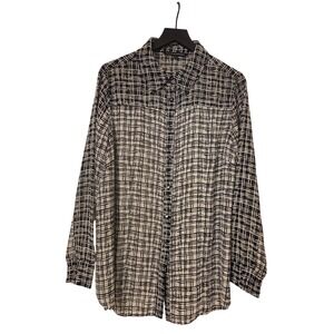 Chic Black and Beige Grid Pattern Long Sleeve Button Up Shirt Women's Top‎